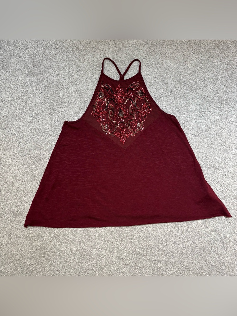 Hollister Burgundy Sequin Accent Halter Relaxed Y-Back Tank Top